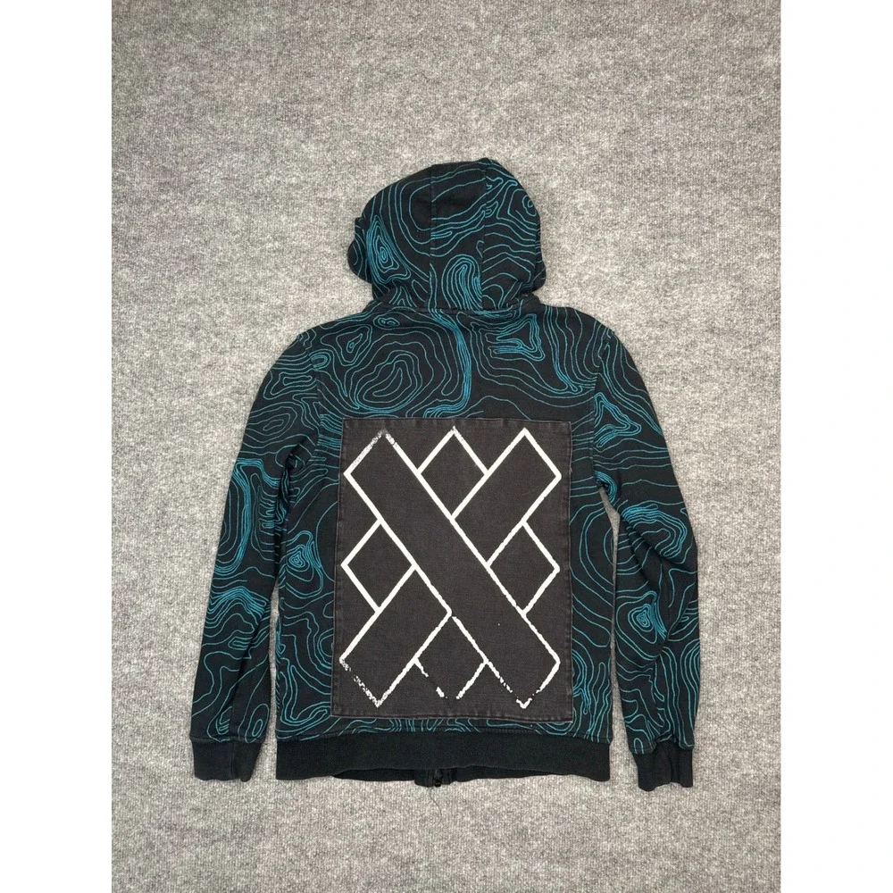 Mossimo Boys XL 16 Full Zip Hoodie Black Teal Topo Map Graphic Utility Pocket‎